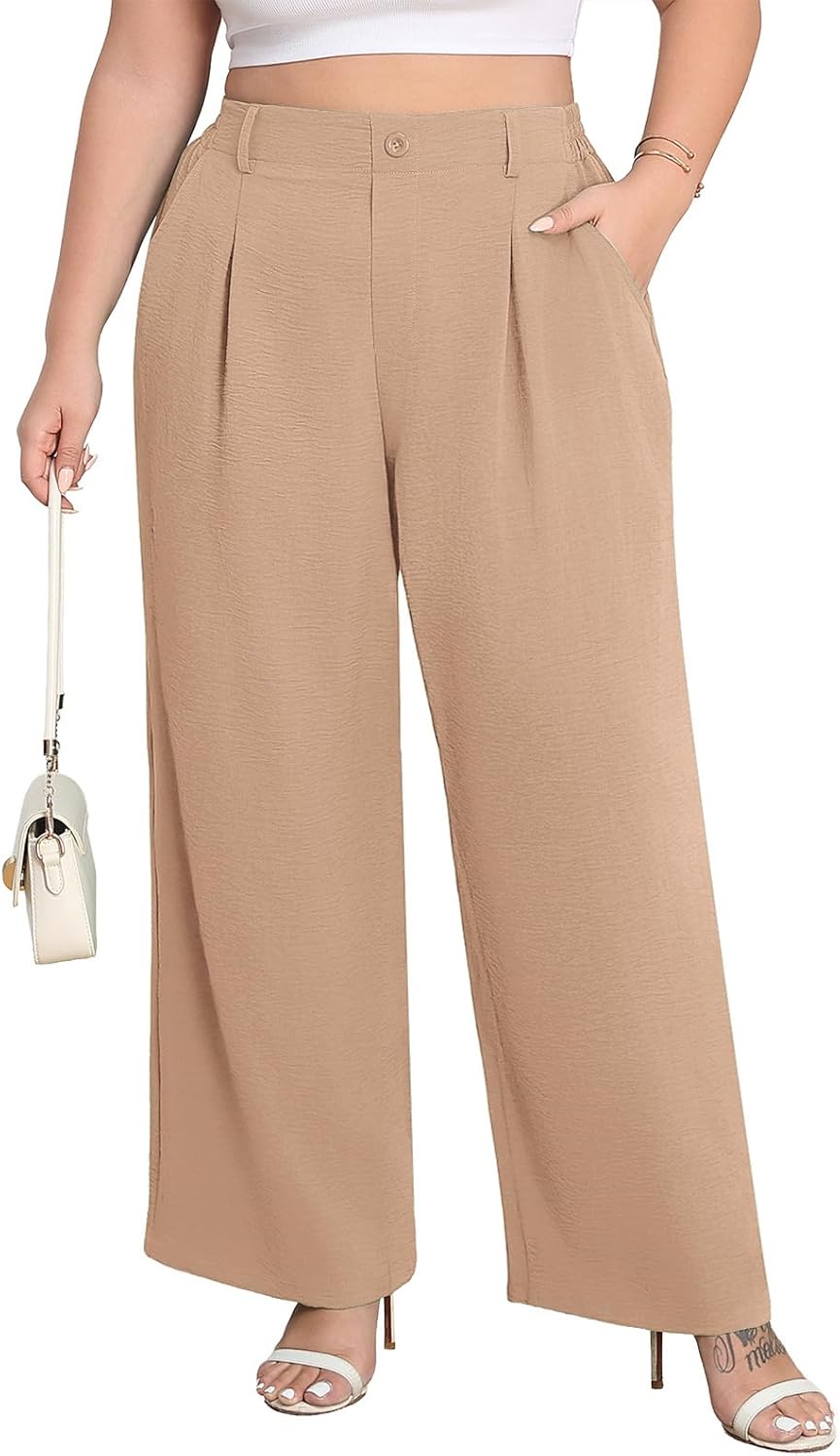 Lastshe Plus Size Dress Pants for Women Wide Leg High Waist Work Casual Slacks Pull on Palazzo Trousers Spring Clothes,Khaki,3X