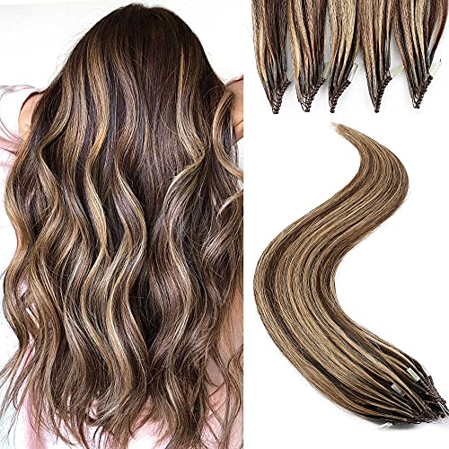 SEGO 18 Inch 30g Upgrade 8D Human Hair Extensions Nano Beads Balayage Pre-bonded Seamless Hairpieces Loop Remy Hair Highlight Hair for Women -Medium Brown&Dark Blonde