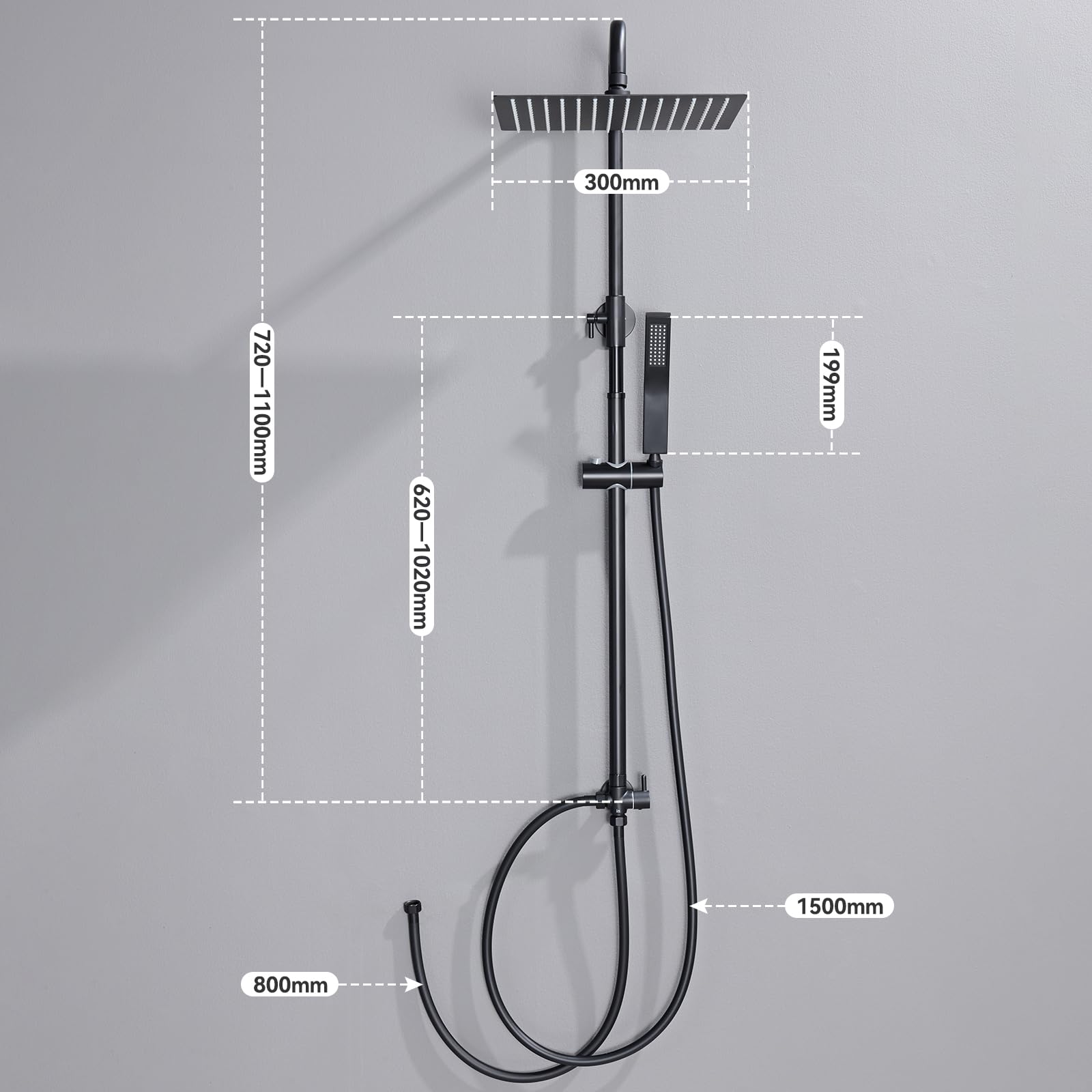 Auralum Columna Ducha Negra sin Grifo, Set de Ducha con Cabezal de Ducha Lluvia 30×30 cm Cuadrado Acero Inoxidable, Alcachofa, Barra de Ducha Altura Regulable 68-108cm,válvula desviadora de Latón
