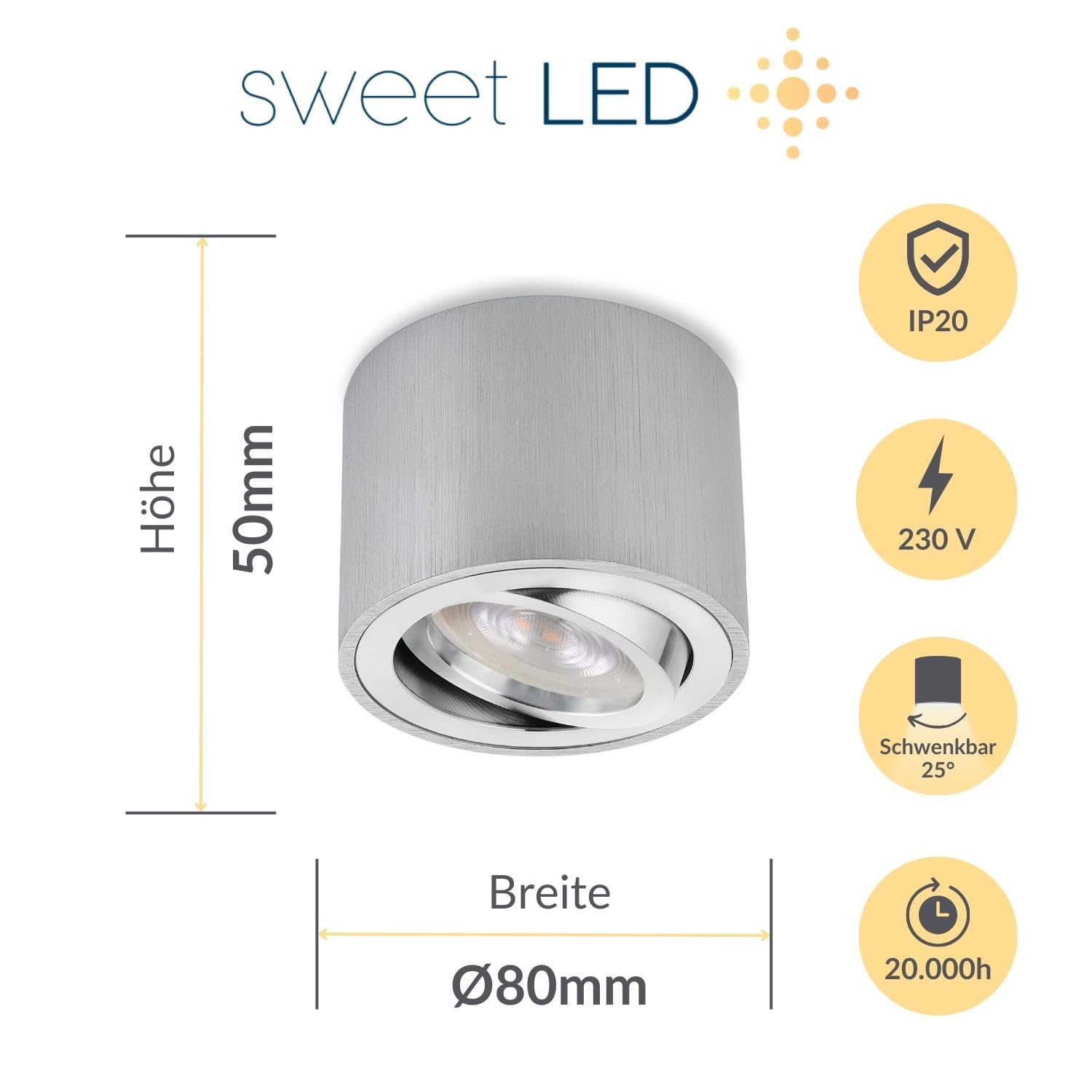 6er Set LED Aufbauspot Aluminium Gebürstet Silber Flach Ø80x50mm – 5W 3000K Warmweiß – Schwenkbar – Deckenspot Aufputz 230V – Wechselbares LED Modul