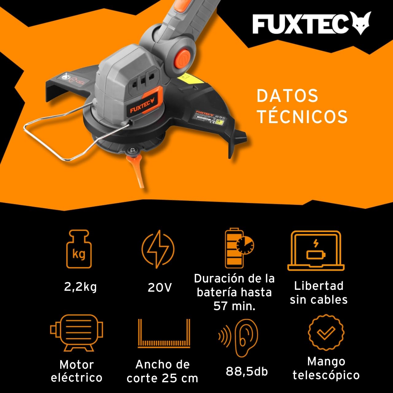Desbrozadora - Recortadora a batería 20V FUXTEC FX-E1RT20 - Set con batería de Iones de Litio de 2Ah y Cargador de 1A - Ancho de Corte de 25 cm