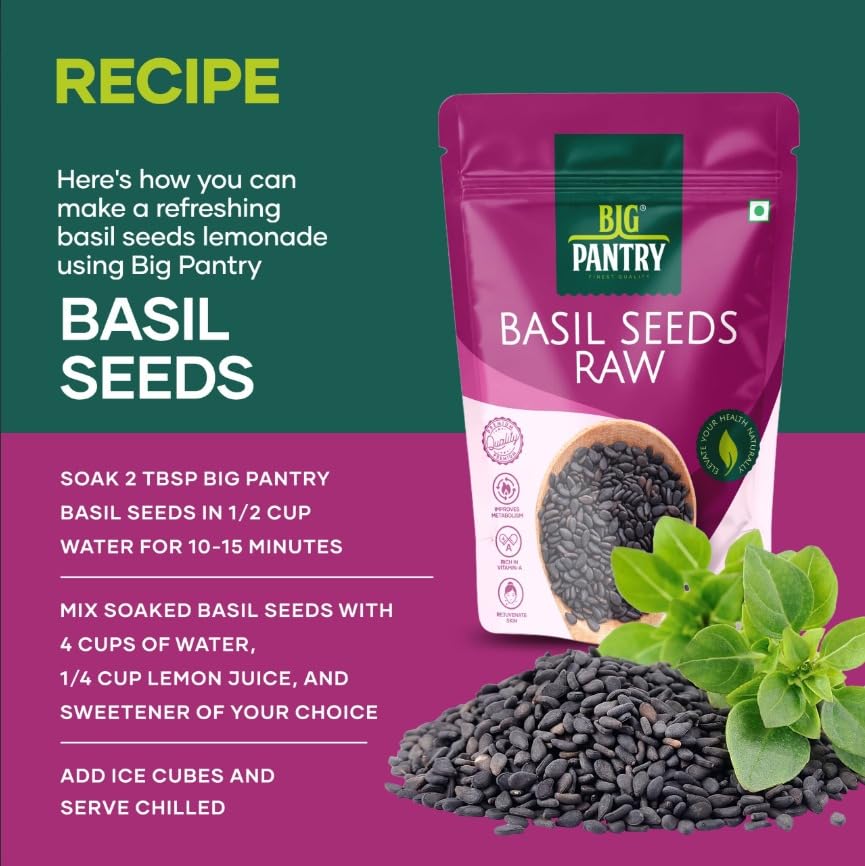 Image of Big Pantry Sweet Basil Seeds 200g | Sabja Tukmaria for Falooda, Smoothies & Weight Management | Rich in Dietary Fiber, Omega 3 & Antioxidants | Raw Non GMO Gluten Free