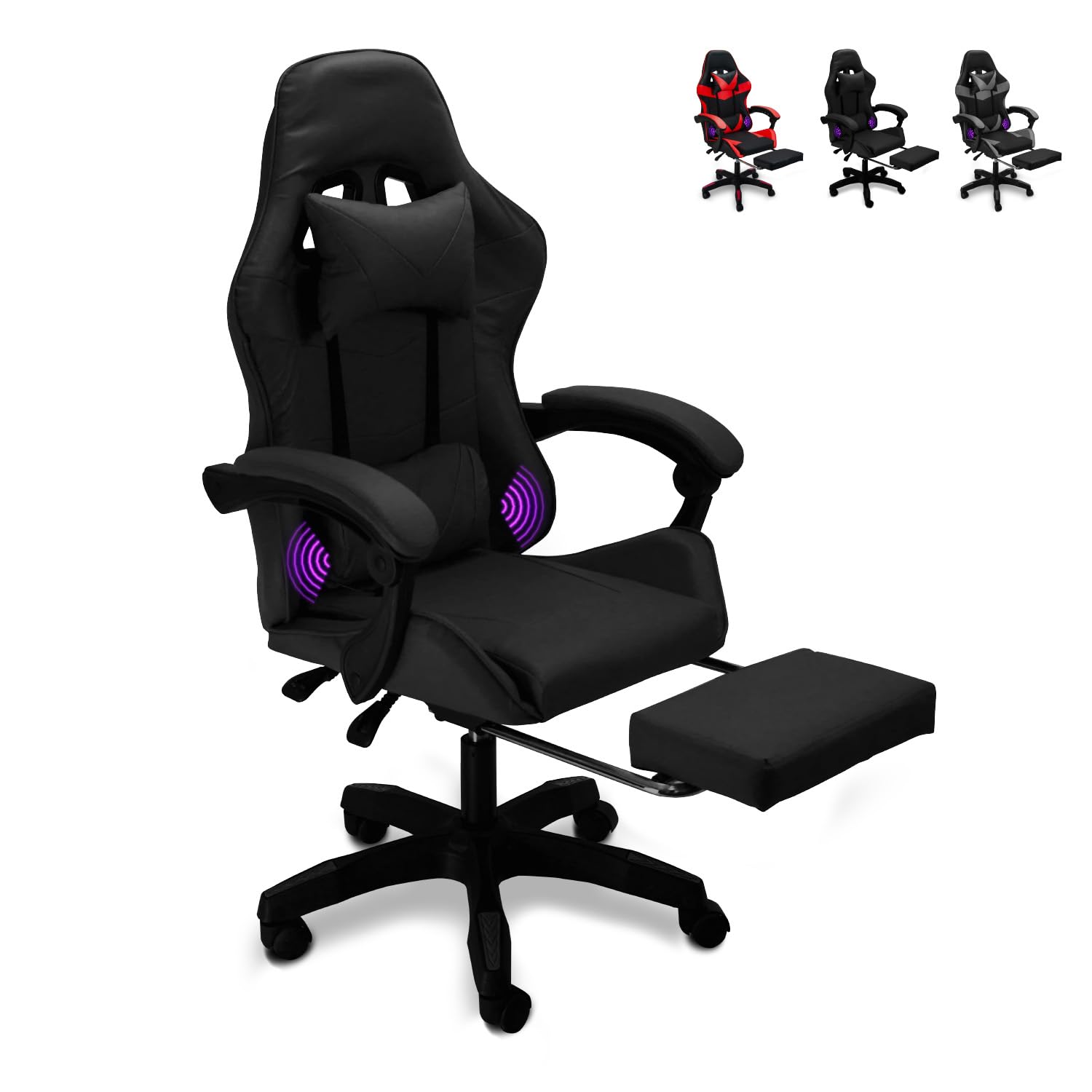 CUORY Silla Gamer Escritorio Ergonómica Reposapiés Ejecutiva | Ajuste de Altura | Reclinable Gaming Oficina Silla de Juegos de computadora con Giratorio | Reposacabezas y Almohada Lumbar (Negro) - Negro