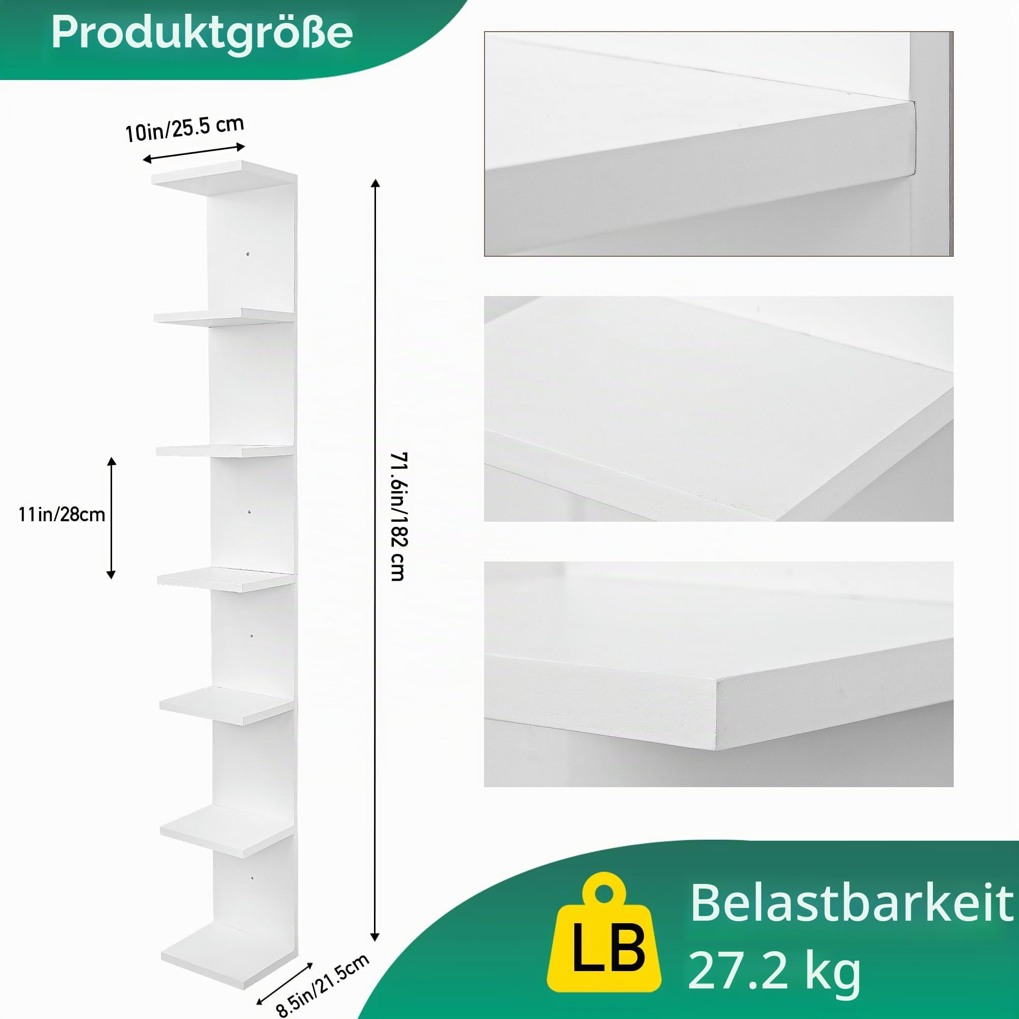 7-stöckiges Wandregal, vertikale Säulen-Schweberegale für Aufbewahrung und Wohnkultur, weißes Lack-Wandregal für Schlafzimmer, Wohnzimmer und Bürodekoration (1 Stück)
