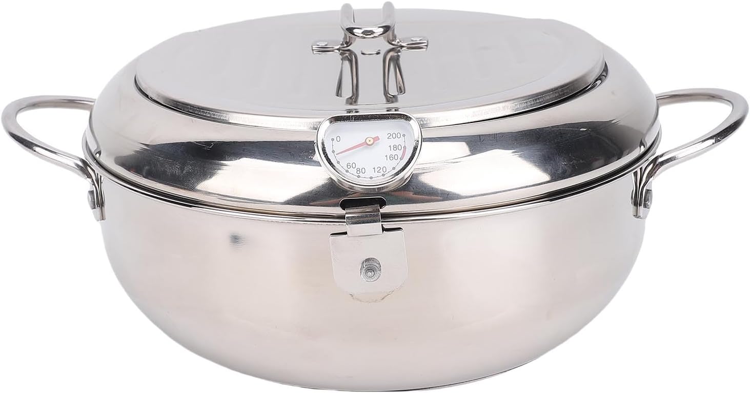 Deep Fryer Pot, 201 Stainless Steel Tempura Fryer with Thermometer & Oil Drip Rack, Induction Compatible, Ideal for French Fries, Chicken, Shrimp, Fish