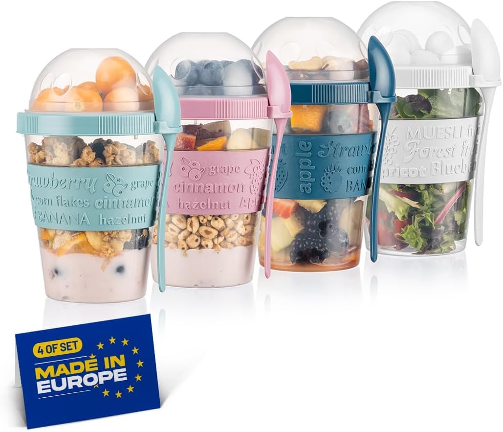 Winkly® Müslibecher to go mit Löffel, 4er SET 600ml, Praktischer Joghurtbecher to go, Wiederverwendbarer Müsli to Go Becher zum Frühstück, Perfekt für Schule, Büro & Reise. BPA-FREI