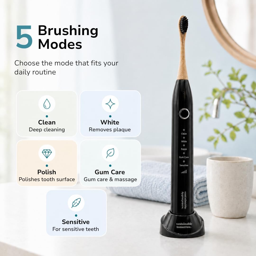 Sustainable Tomorrow Zen Bamboo Electric Toothbrush, Durable Wood-Grain ABS Handle, Rechargeable w/Plant-Based Soft Bristles, Bamboo Heads, 5 Modes & 30-Day Battery (Black) image 3