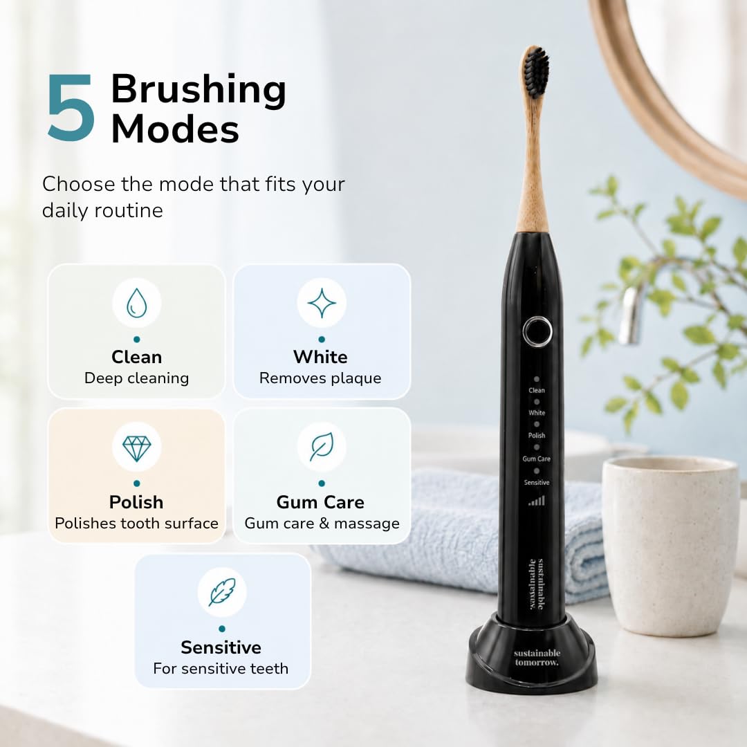 Sustainable Tomorrow Zen Bamboo Spazzolino da denti elettrico per adulti, modello wireless onice, ricaricabile con setole morbide a base vegetale, teste in bambù, 5 modalità e batteria a lunga durata