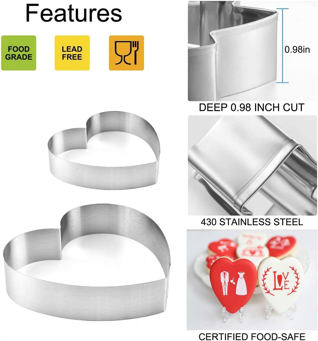 5 Pieces Heart Cookie Cutter 3.95", 3.35", 2.75", 2.36",1.37" Valentine’s Day Cookie Cutters for Baking and Decorating Anniversary, Bridal, Engagement and Valentine