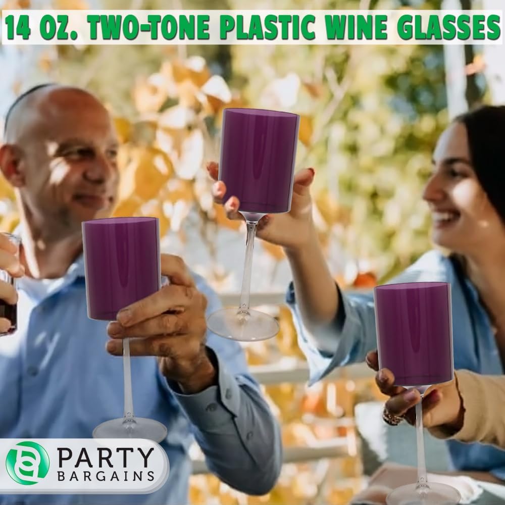 PARTY BARGAINS Plastic Wine Glasses 14 oz, Two-Tone Shatterproof Stemmed Party Cups for Weddings, Parties & Outdoor Entertaining, Purple & Clear, 10 Pack