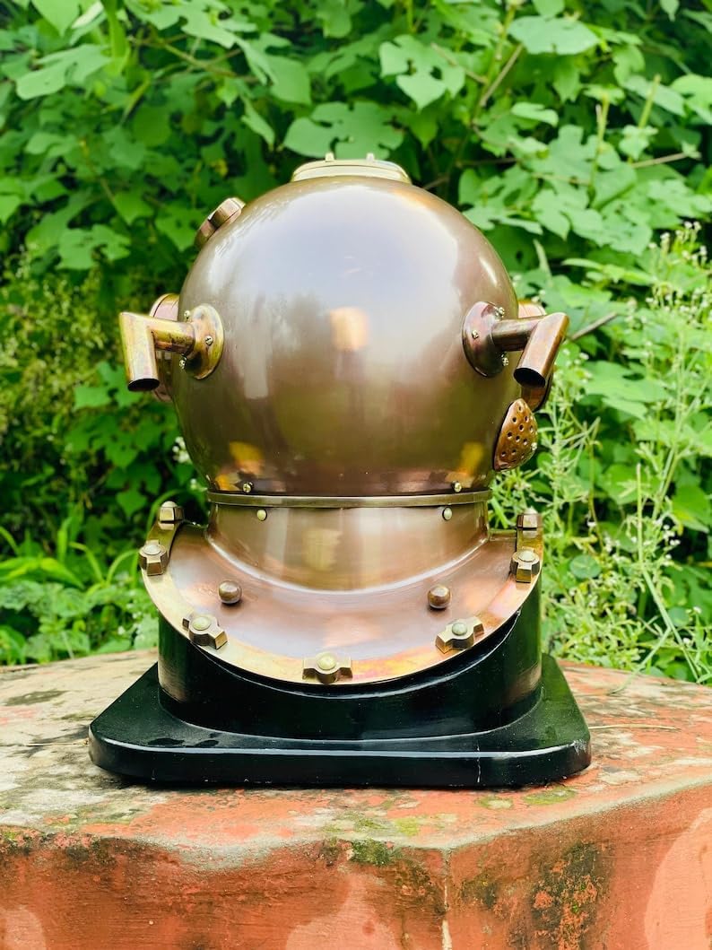 Vintage Brass Diving Helmet Replica – Antique Deep Sea Diver Helmet 1921 Style – Nautical Maritime Decor, Steampunk Collectible Display Piece with Wooden Base