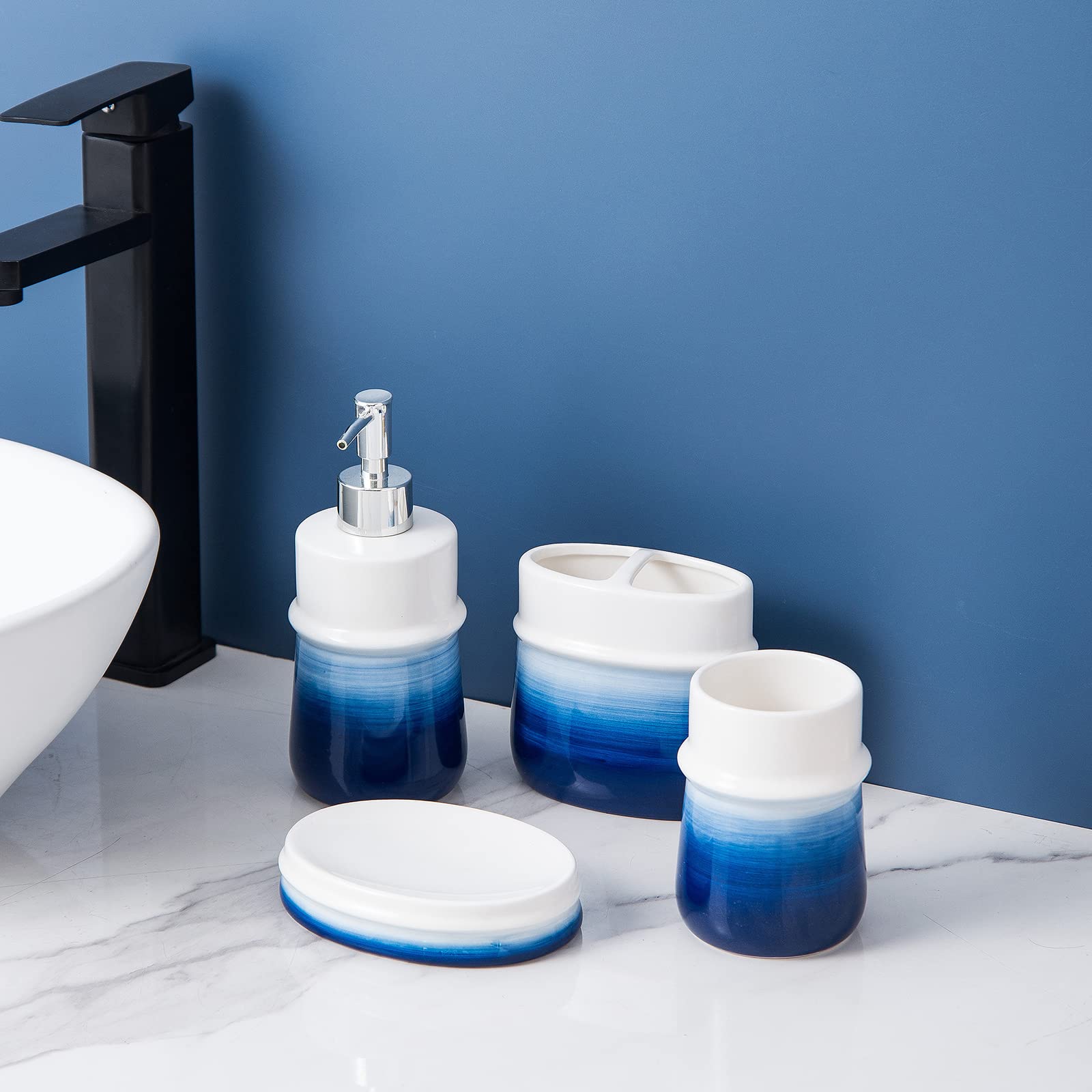 Ensemble d'accessoires de Salle de Bain Bleu Marine, 4 pièces en céramique Bleu Marine, Comprend Une Tasse à Brosse à Dents, Un Distributeur de Savon, Un Porte-Savon, Un gobelet