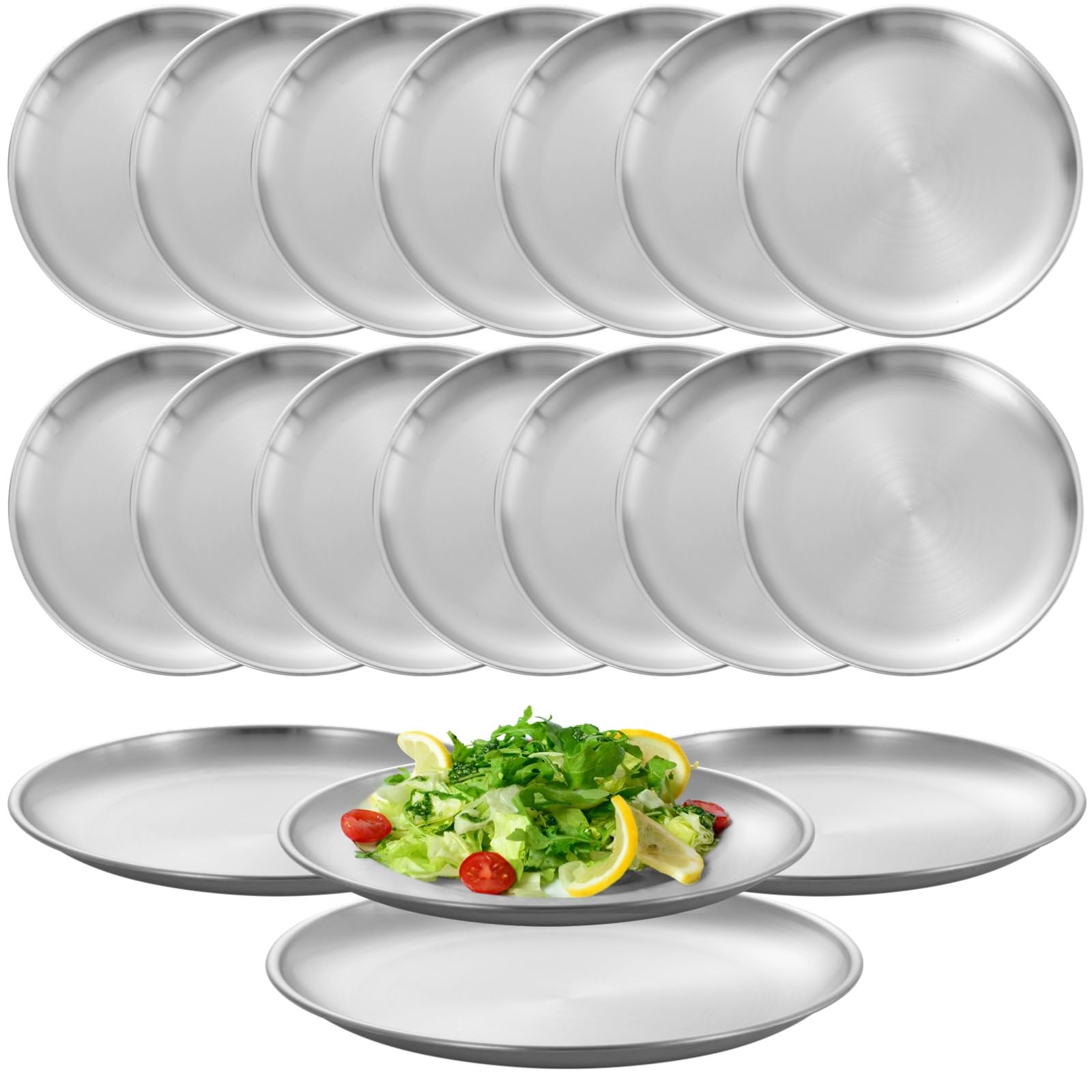 OMISTAR 16 platos llanos de acero inoxidable, platos de metal cepillado reutilizables, platos redondos de 9.1 pulgadas, platos de servir para platos principales, utensilios de cocina irrompibles,
