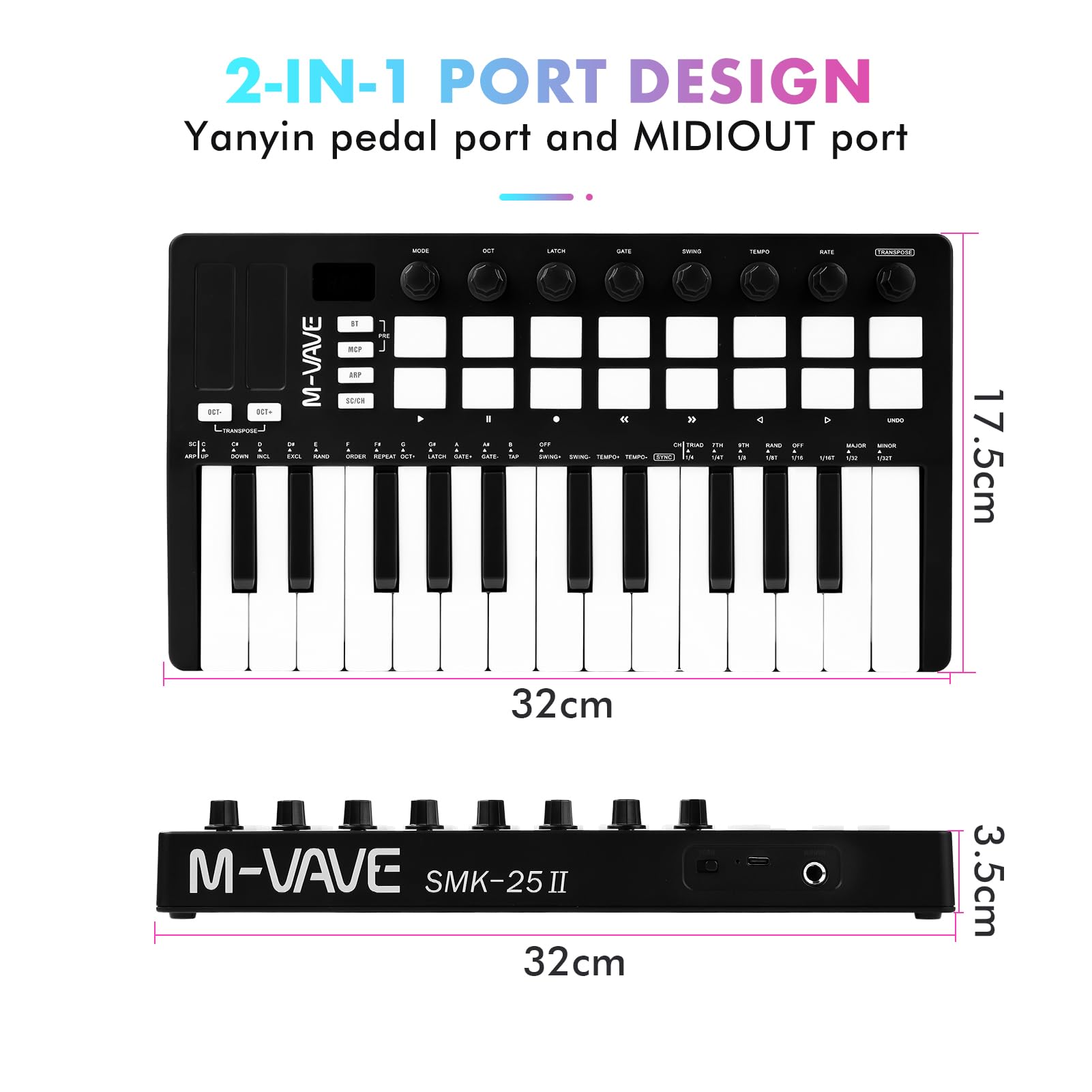 M-VAVE MIDI-Controller für Musikproduktion, verbesserte MIDI-Tastatur, tragbare wiederaufladbare Arranger-Tastatur, RGB-Pad-Tastatur, SMK-25II, schwarz und weiß, eingebauter Akku