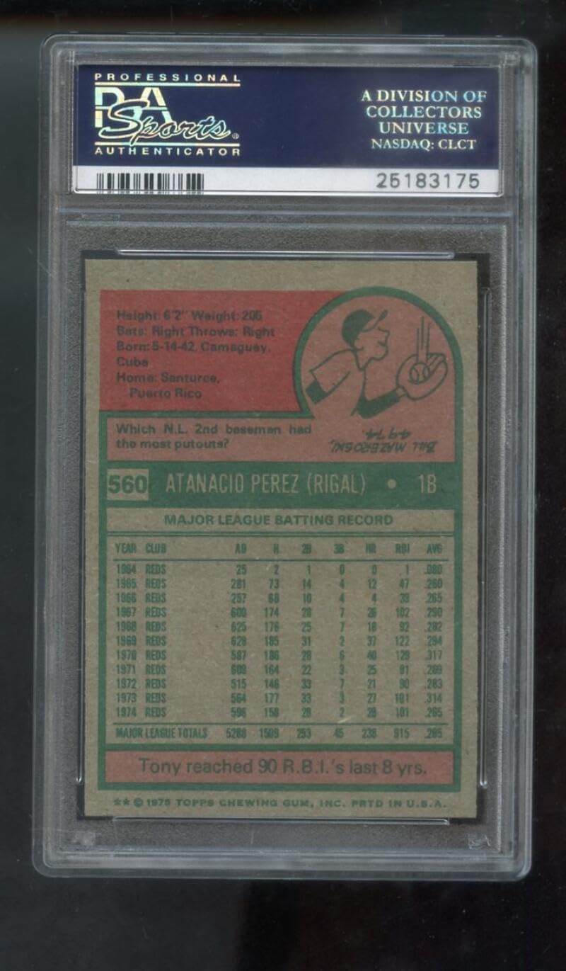 1975 Topps #560 Tony Perez Cincinnati Reds NM-MT PSA 8 Graded Baseball Card