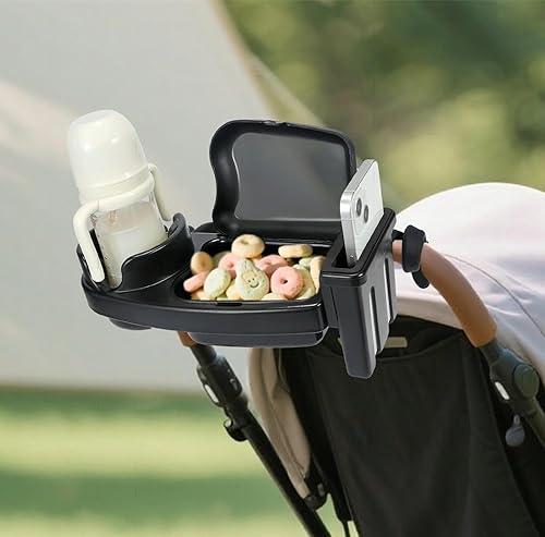 Miniatura 2 de Bandeja universal para refrigerios para cochecito, 3 en 1, soporte para taza de cochecito, soporte para teléfono, bandejas de aperitivos con