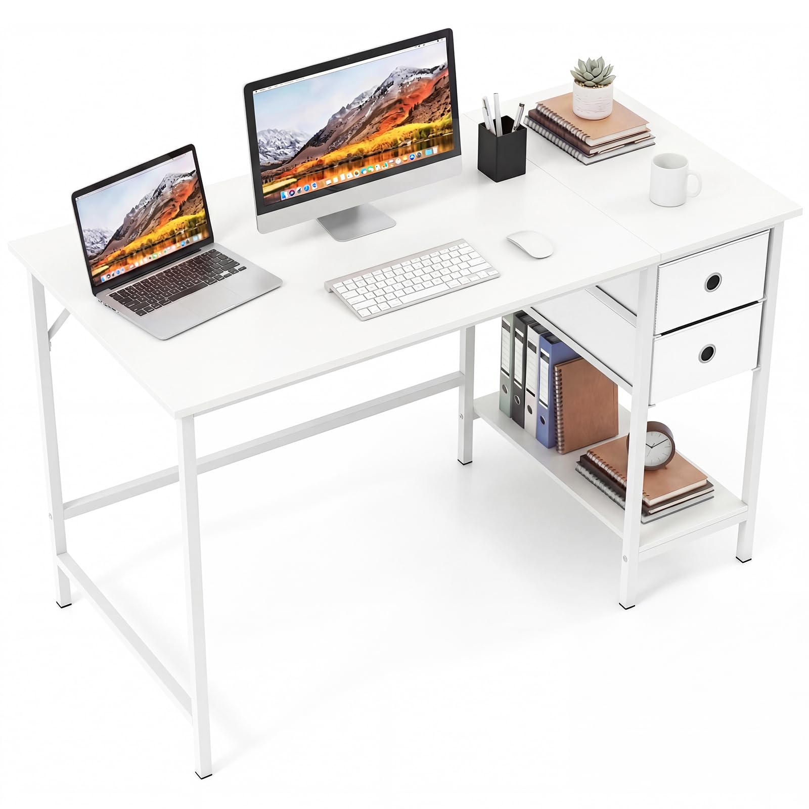 COSTWAY Computer Desk, Metal Frame Study Table Workstation with 2 Removable Drawers and Storage Shelf, Modern PC Laptop Table Working Desk for Home Office Bedroom (White, 120 x 60 x 75 cm)