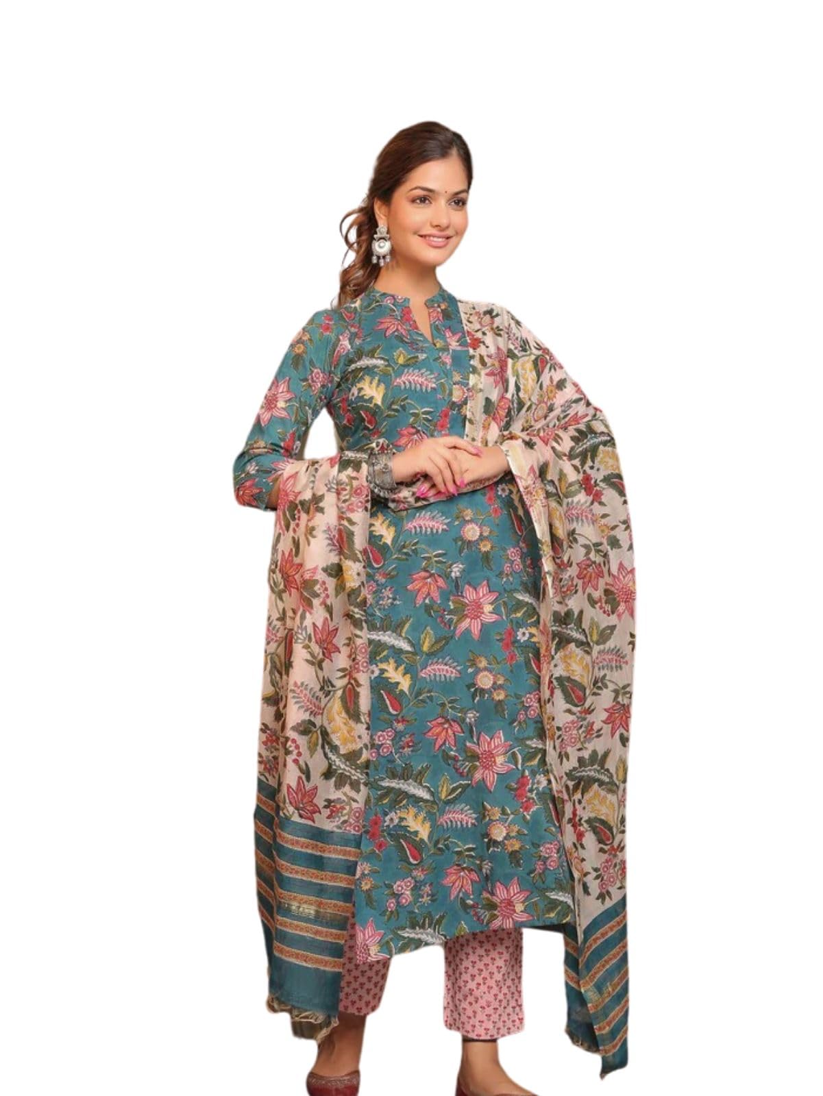 GRECIILOOKS Women's Cotton Blend Kurta Set with Dupatta | Kurti Set for Women | Festive Kurta Set for Women | Regular Fit Kurta