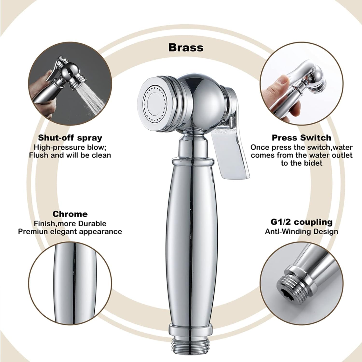 Toilet Shower Kit Brass Handheld Bidet Sprayer Hand Shower Bidet for Toilet Cleaning Pet Bathing Personal Hygiene Chrome — view 7