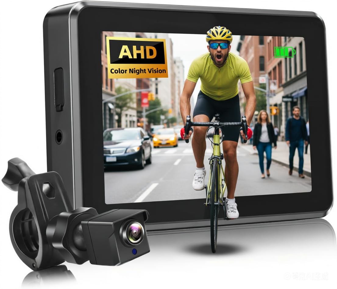 Cámara de Visión Trasera para Bicicleta Con Espejo Retrovisor y Monitor HD de 4.3 Pulgadas, Visión Nocturna a Color