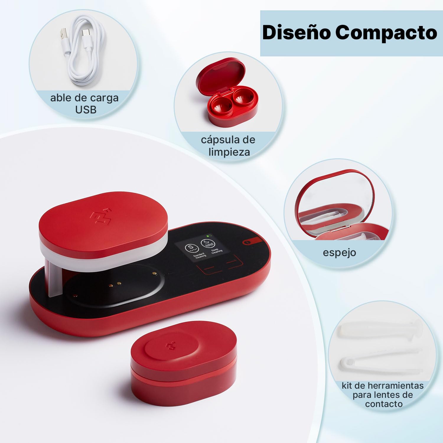 3N Limpiador de Lentes de Contacto ReO2, Tecnología de Electroforesis, Aprobación FDA 510K, con Espejo y Pinza, Limpieza Profunda de Lentes Suaves y de Contacto de Color (Rojo)
