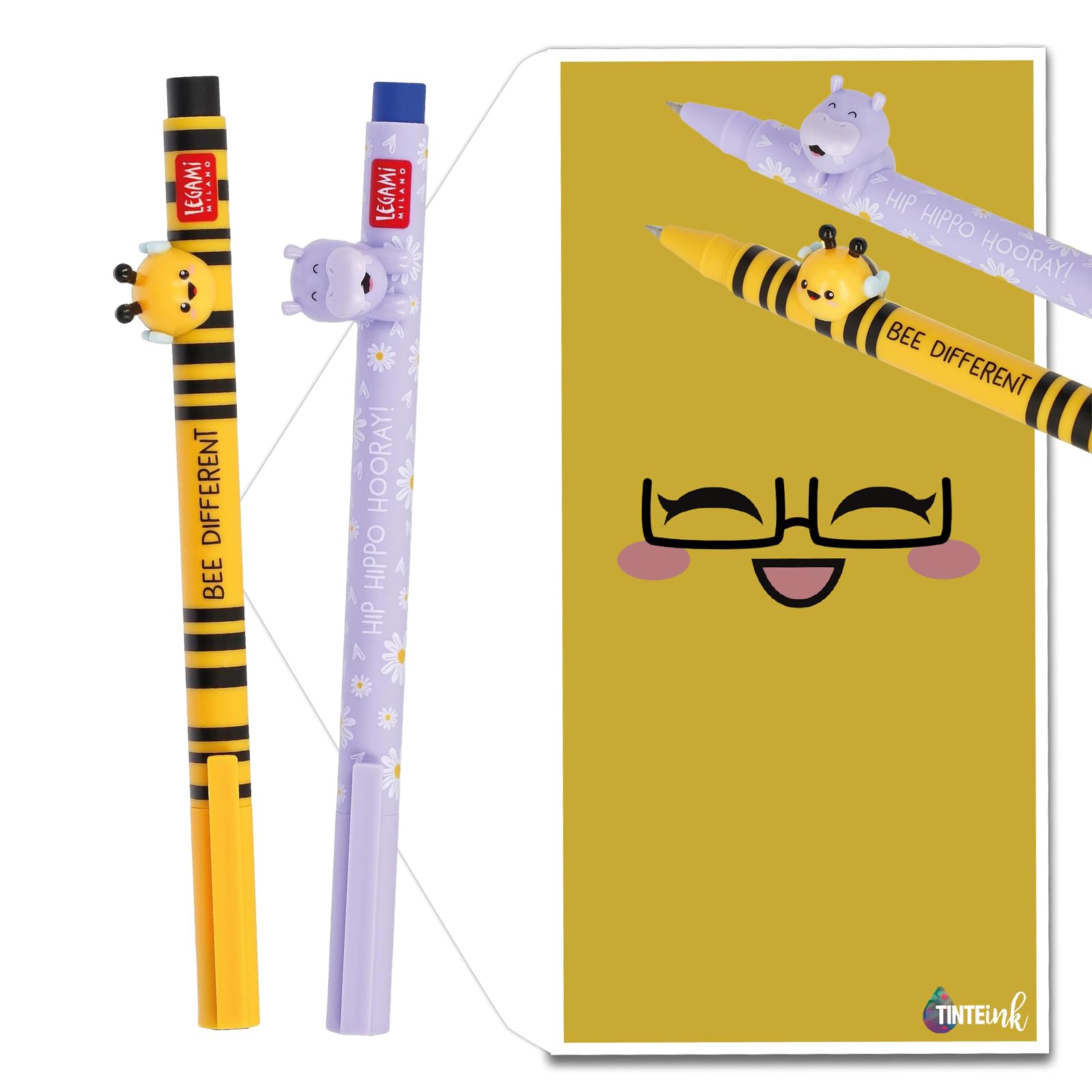 Tinte Ink Legami Lovely Friends Pens Choose Set Including Gift Envelope! - Choose Cute Design! (Hippo & Bee Pack) — image 1