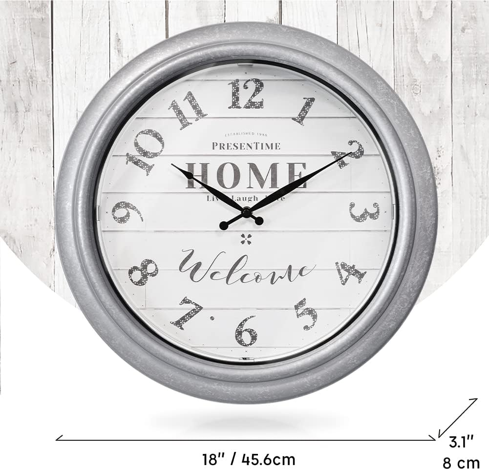Presentime & Co 18" Vienna Modern Farmhouse Luminous Indoor/Outdoor Clock, Shiplap Style, Galvanized Silver Finish, Night Light with Smart Sensor, Wall Decoration, Outdoor Lights & Decoration.