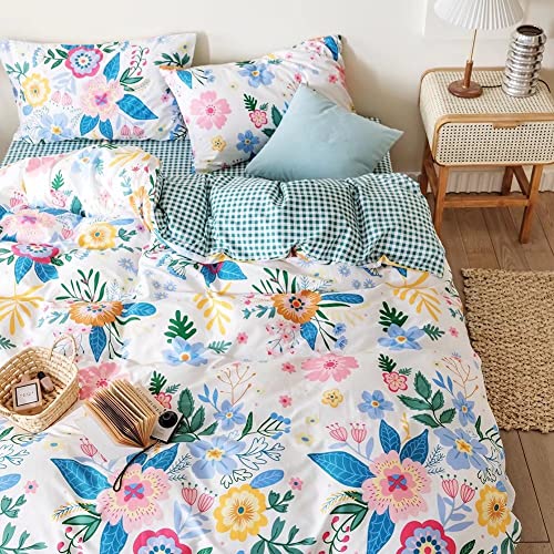 Tuupamz Garden Style Botanical Floral Bedding Duvet Cover Cotton King Size Reversible Green Plaid Comforter Cover Set 1 Duvet Cover And 2 Pillow Shams Soft Breathable #TOP1