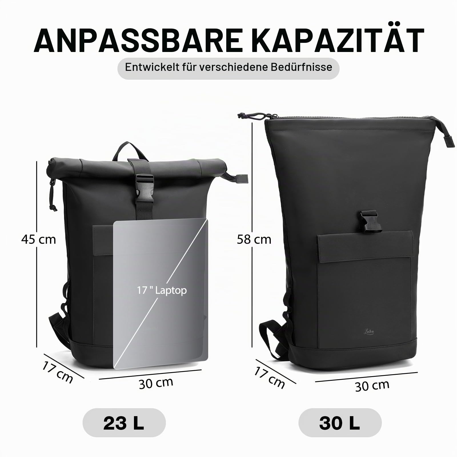 Lekeinchi Rolltop Rucksack Damen & Herren, Elegant Laptop Rucksack Wasserdicht mit 17 Zoll Laptopfach, Großer Reiserucksack Tagesrucksack Schulrucksack für Reisen, Uni Schule, Arbeit - Schwarz_XL