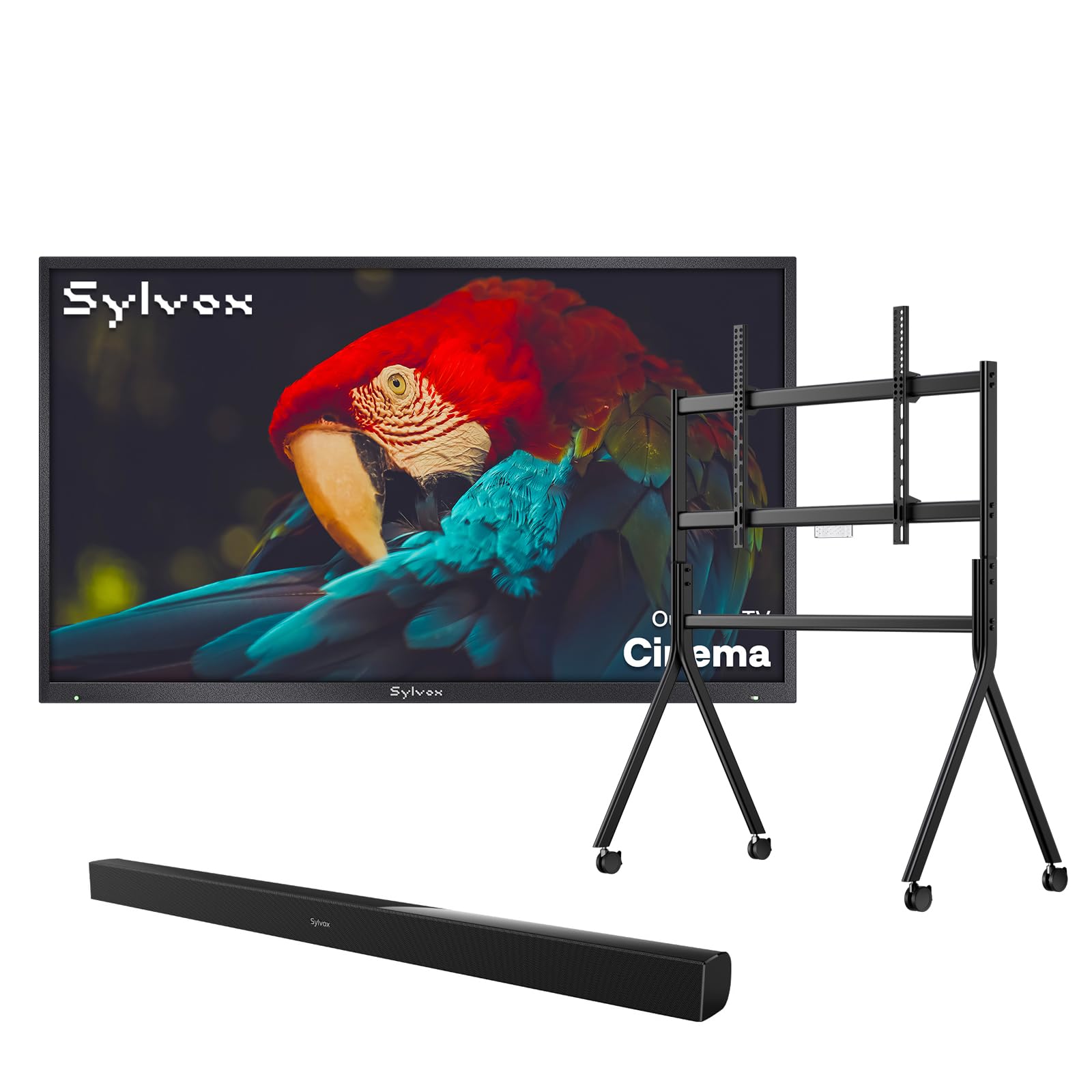 SYLVOX 65 inch Outdoor Mini-LED QLED TV with Rolling Stand Soundbar 4K UHD 2000 Nits Full Sun Anti-Glare