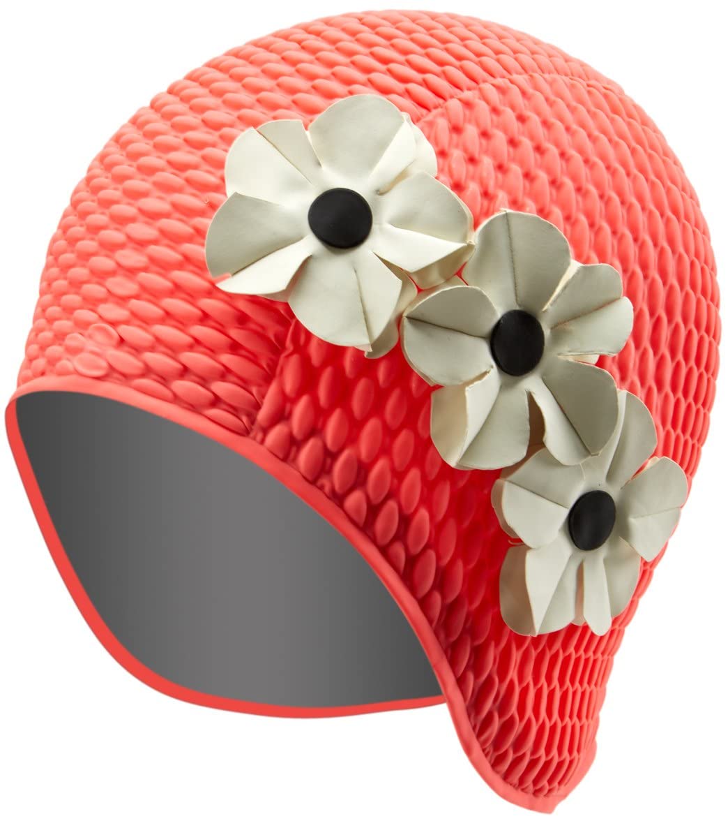 Sporti Flower Bubble Swim Cap, Floral Design, Women Protection Bathing Caps, Made from Latex/Rubber & Keep Head Warm - Floral Bubble Swim Cap - Pink/White/Black โ image 1