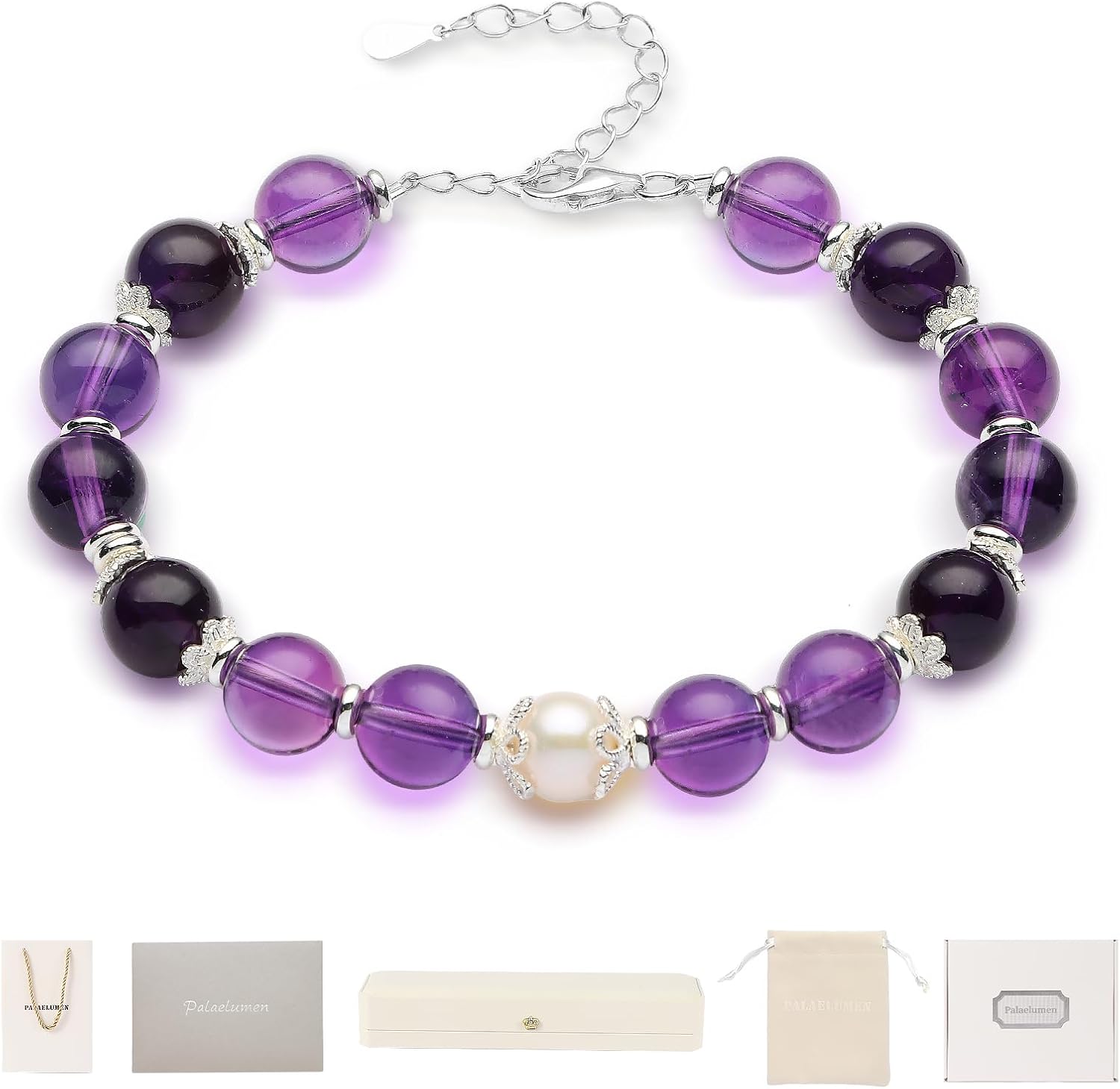 Certified Natural Amethyst Bracelet Gift Set for Women, 8mm Freshwater Pearl & Birthstones in Sterling Silver - Adjustable Beaded Chain Jewelry (Length 8'')