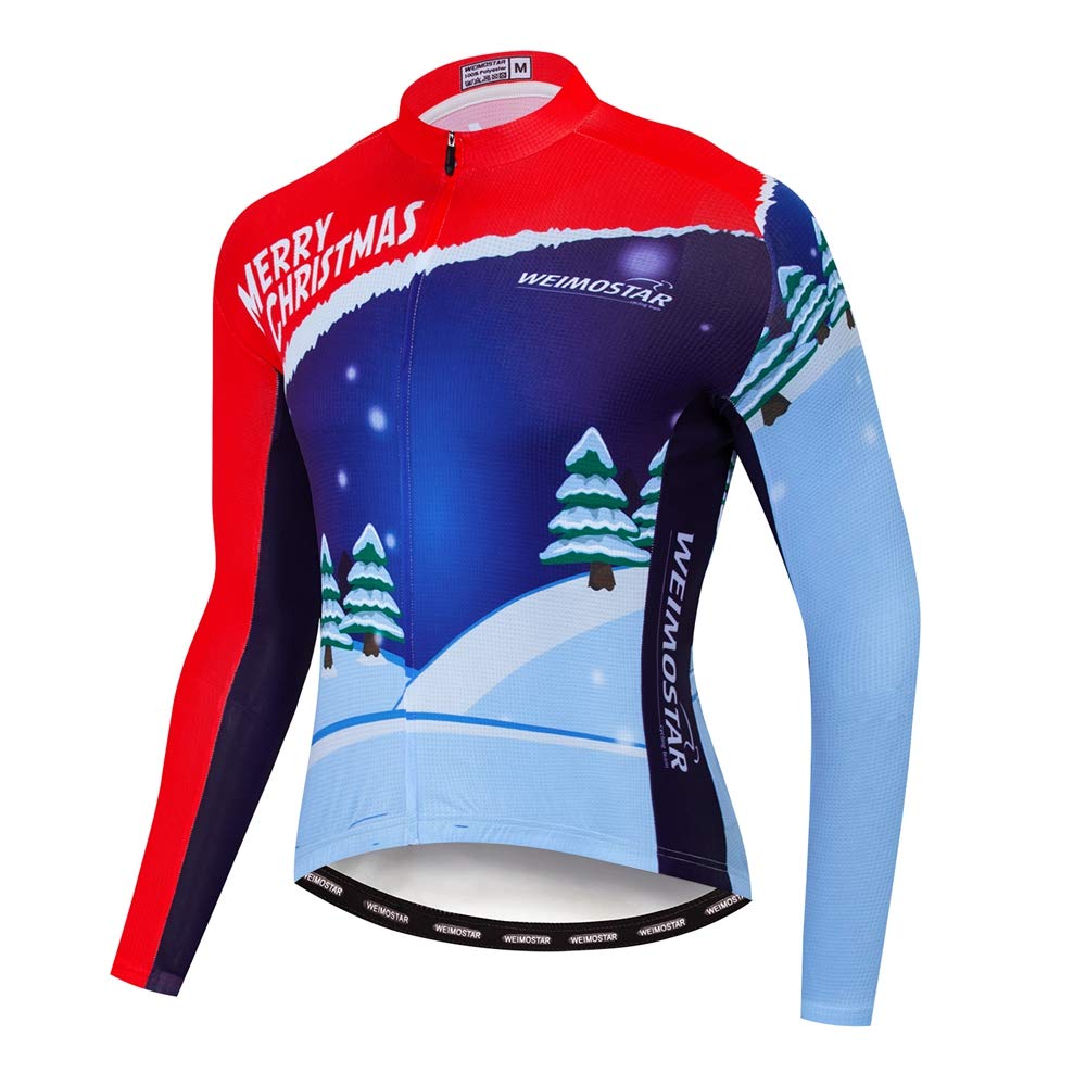 WeimoMonkey Men's Cycling Jersey Long Sleeve MTB Bike Shirts Racing Cycling Clothing Chrismas Red Blue S