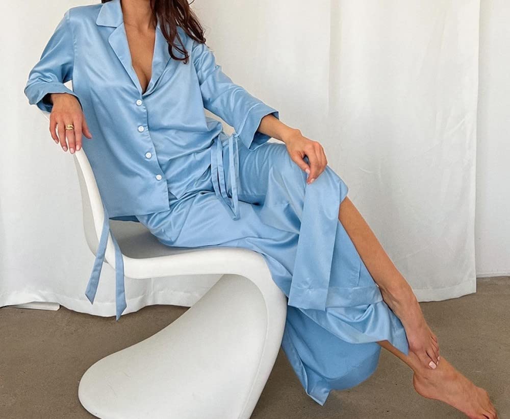 Ensembles De Pyjama Femme,Bleu Lâche Couleur Unie À Manches Longues Ensemble De Vêtements De Nuit Femmes Pyjama Deux Pièces Personnalité Douce Décontracté Loungewear Festival Cadeau pour Soeu