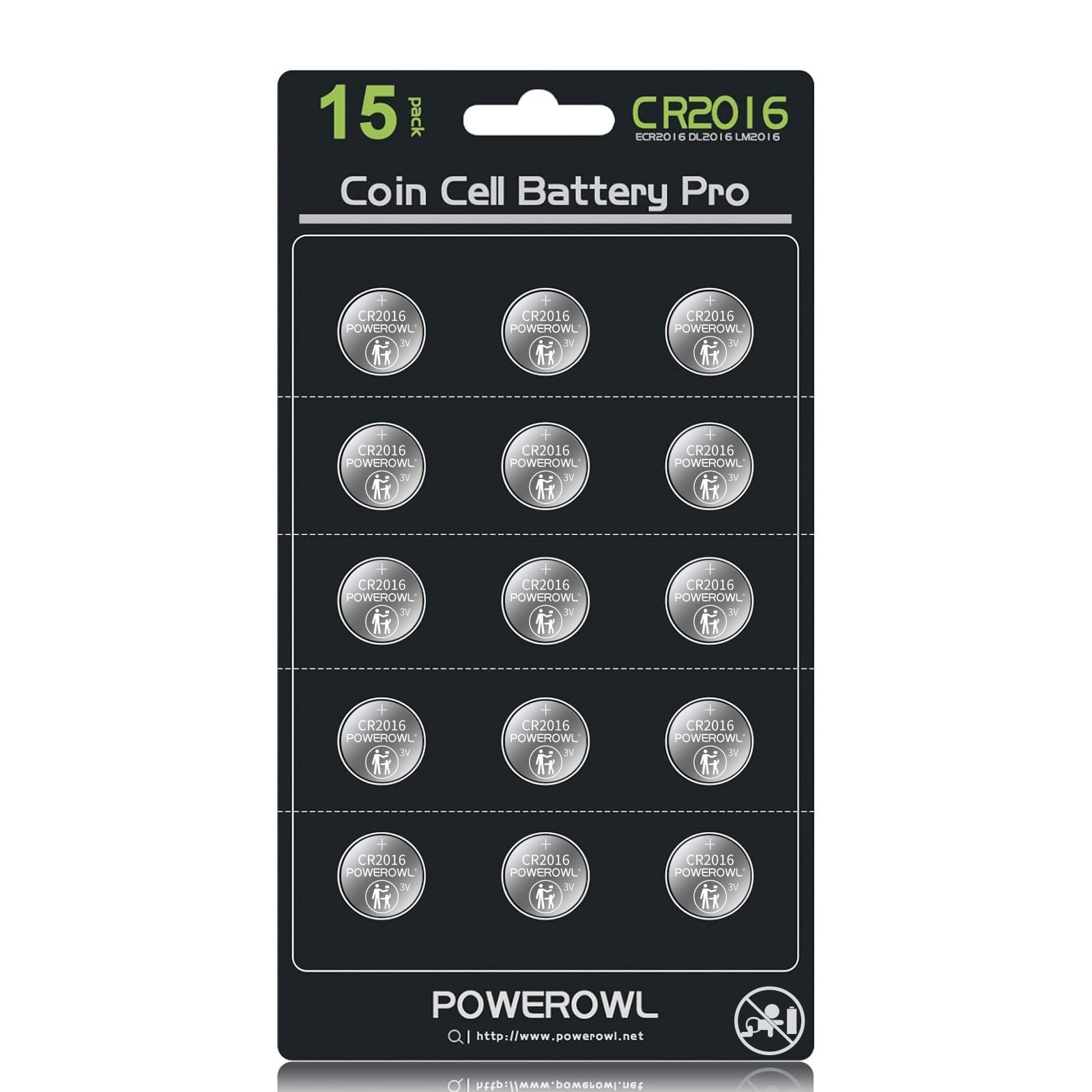 POWEROWL High Capacity CR2016 Battery (15-Pack) CR 2016 3v Lithium Batteries, 10 Years Leak-Free