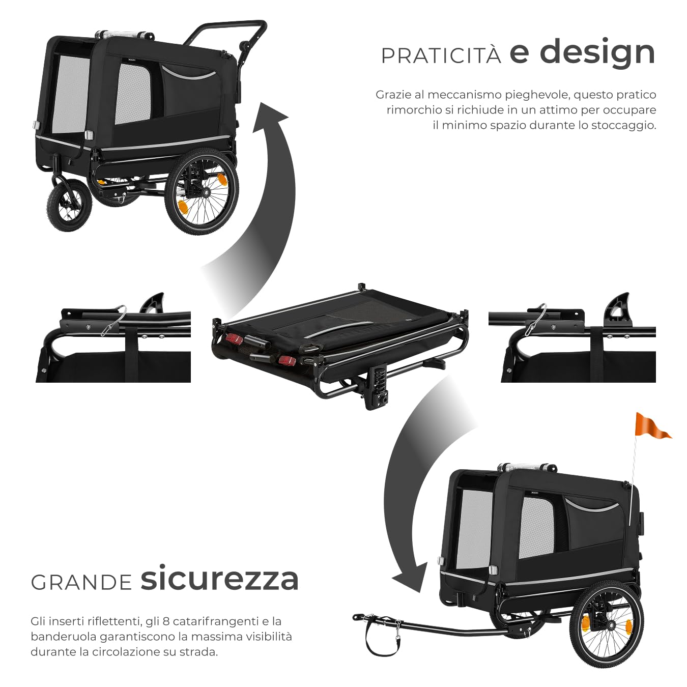 tectake® Carrello per Cani WoofRider, Multifunzionale con Bandierina di Segnalazione, Trasportino da Bicicletta, Jogger per Cani con Struttura Richiudibile, Inserti Mesh Traspiranti - Nero
