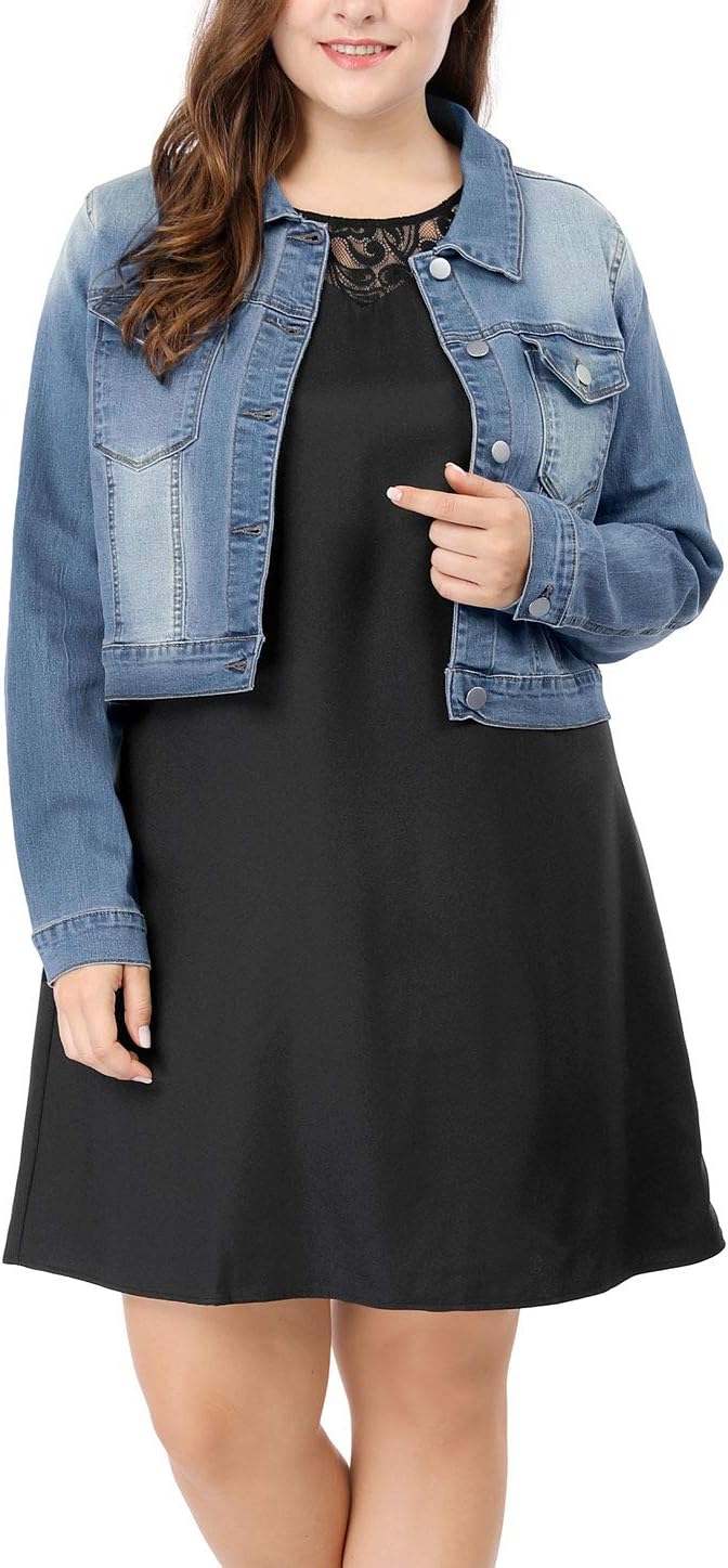 uxcell Women's Plus Size Button Closed Cropped Denim Jackets Stitching 2026 - Image 7