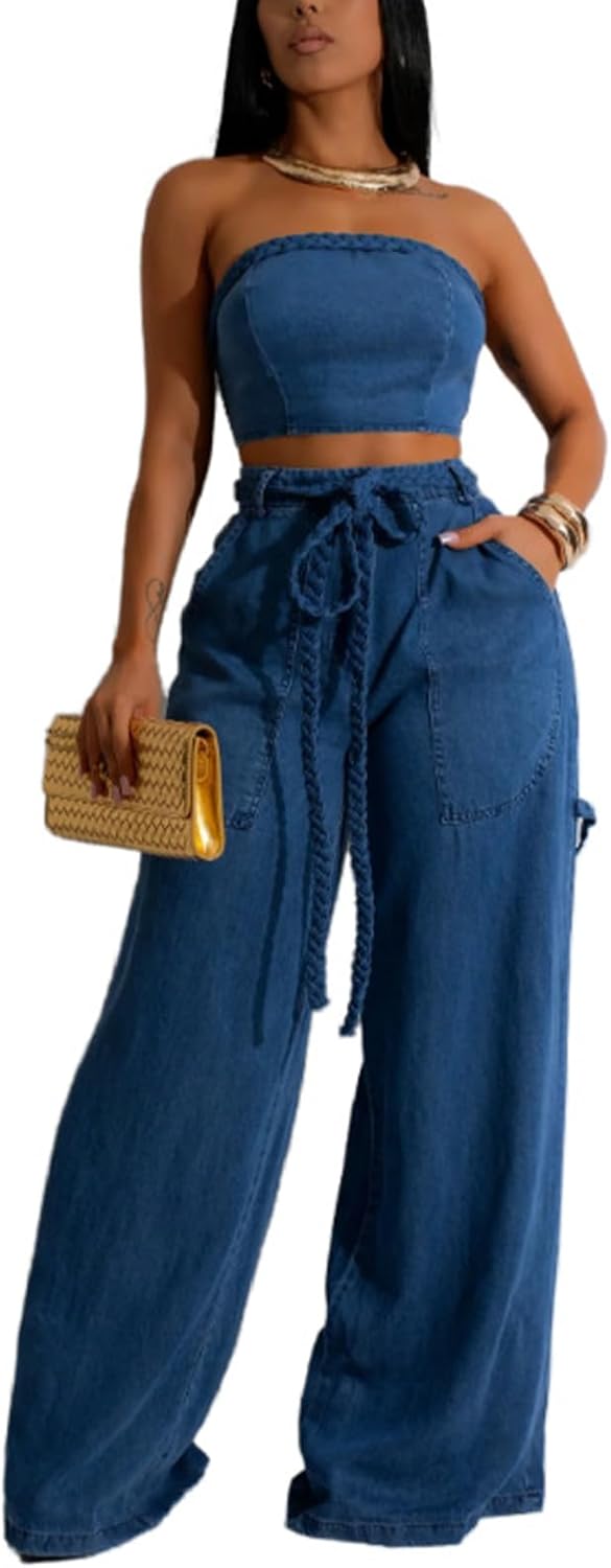 Women's Denim 2 Piece Outfit Sleeveless Bodycon Tube Top Wide Leg Pants Set Summer Vintage Jeans Going Out Tracksuit