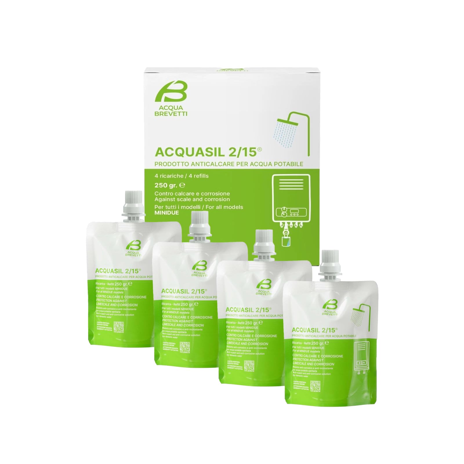 Acquasil 2/15 PC100 Ricariche MiniDOS | Anticalcare e Anticorrosione per Acqua Potabile | Protezione Caldaie, Tubazioni e Impianti (1 Confezione da 4x250g)