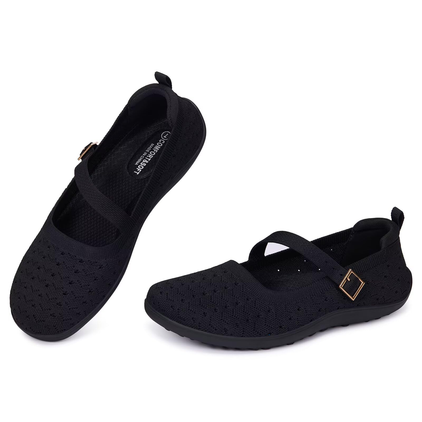 Frank Mully Damen-Ballerinas Übergröße Mary-Jane Strickschuhe breite Zehenbox verstellbare Riemen