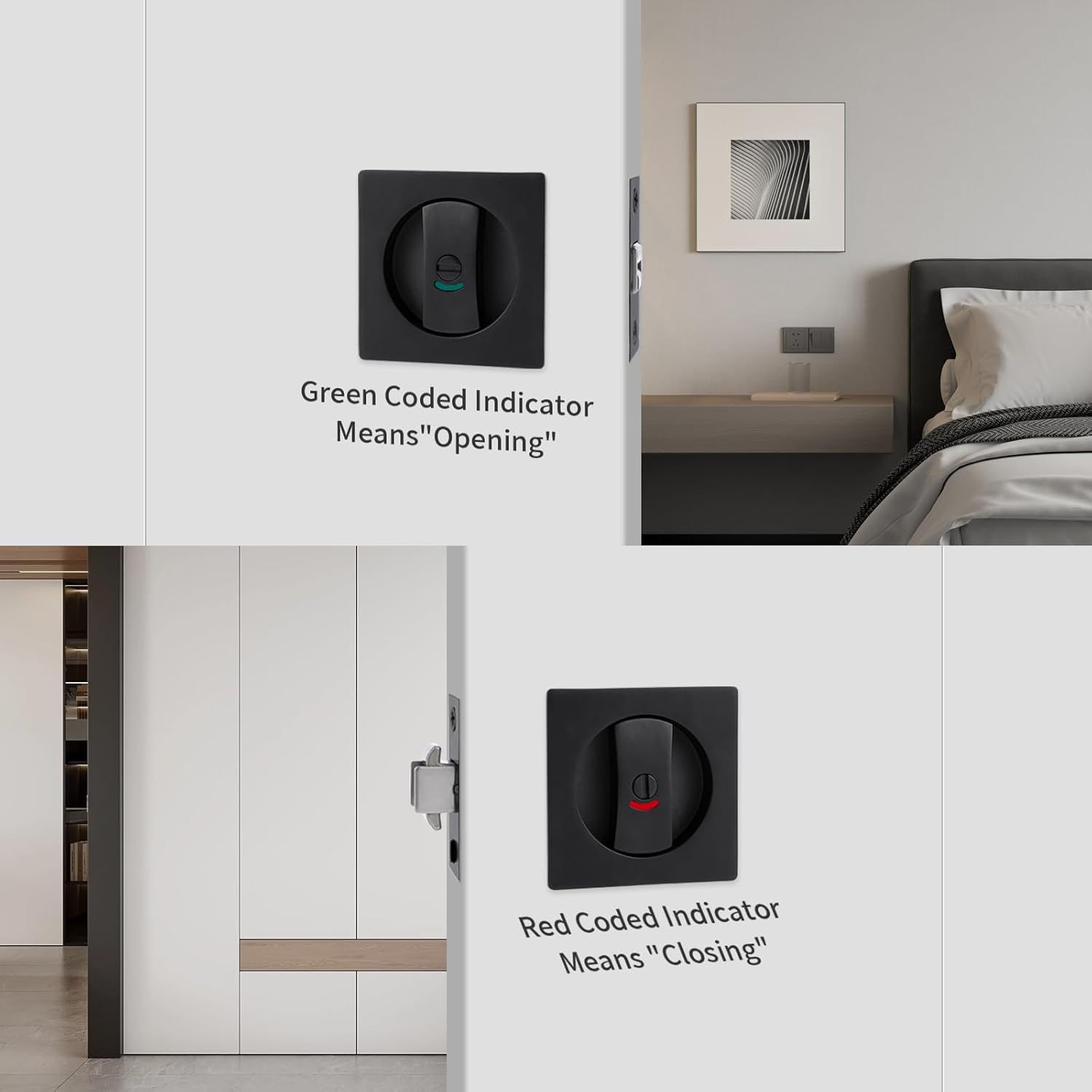 Black Pocket Door Hardware with Color Coded Indicator, Square Contemporary Privacy Pocket Door Lock for Bedroom Bathroom, for 2-3/8" Backset, Matte Black