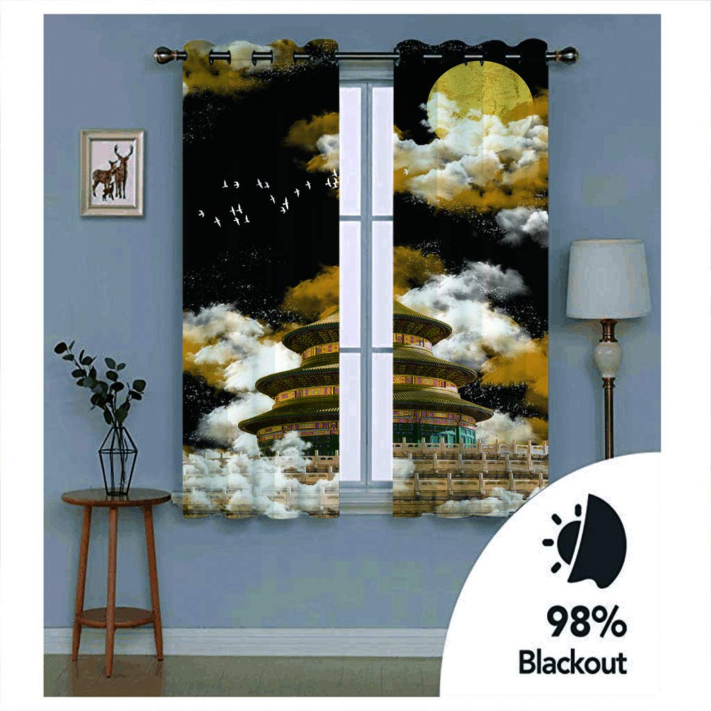 Rideaux Salon Voilage Occultant Thermiques 3D Architecture Classique avec Nuages Blancs Rideau Salon Design Moderne Chambre Enfant Bebe Fille 280x260Cm Polyester Fenetres Occultants Isolant Lot De 2