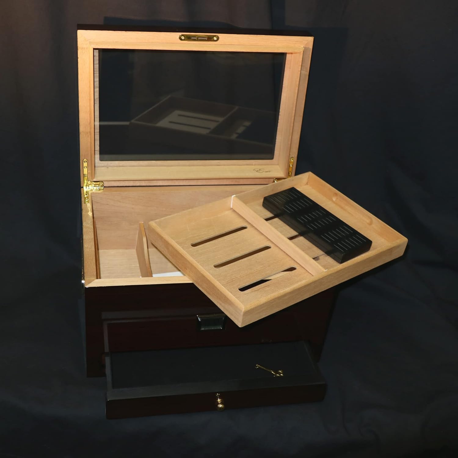 EWT High Gloss 100CT Cigar Display Humidor with Accessory Drawer and Pickup Tray (70~120 Cigars)