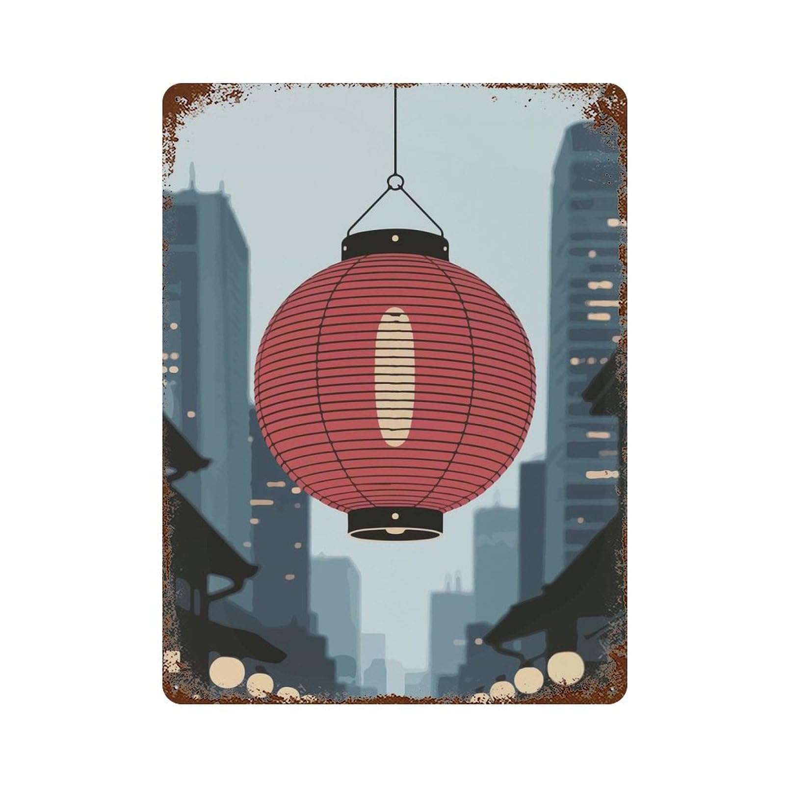 Japanese Lantern in Cityscape Aged Metal Wall Plaque 15.7"x11.8", Ideal for Garage, Bar And Workshop Decor