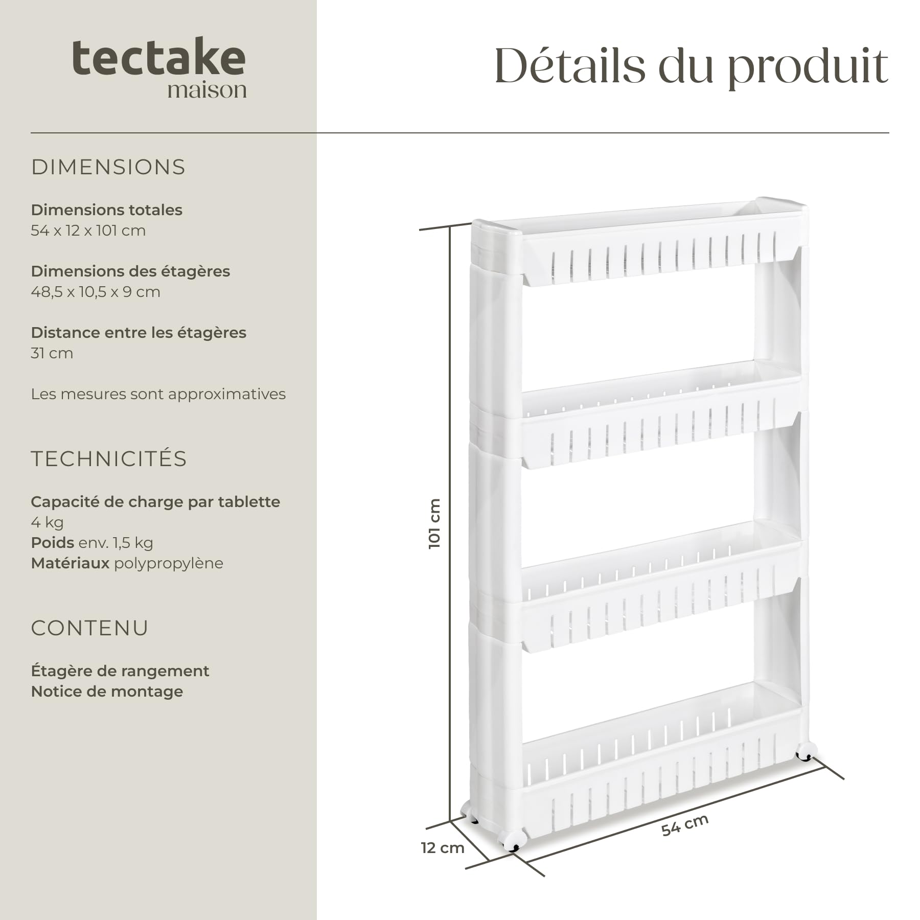 tectake® Chariot de Rangement 4 Niveaux, 54 x 12 x 101 cm, Desserte à roulettes, Chariot Cuisine, Etagere Roulette, Desserte à roulettes Cuisine, Servante Salle de Bain, Étagère Salle de Bain, Blanc