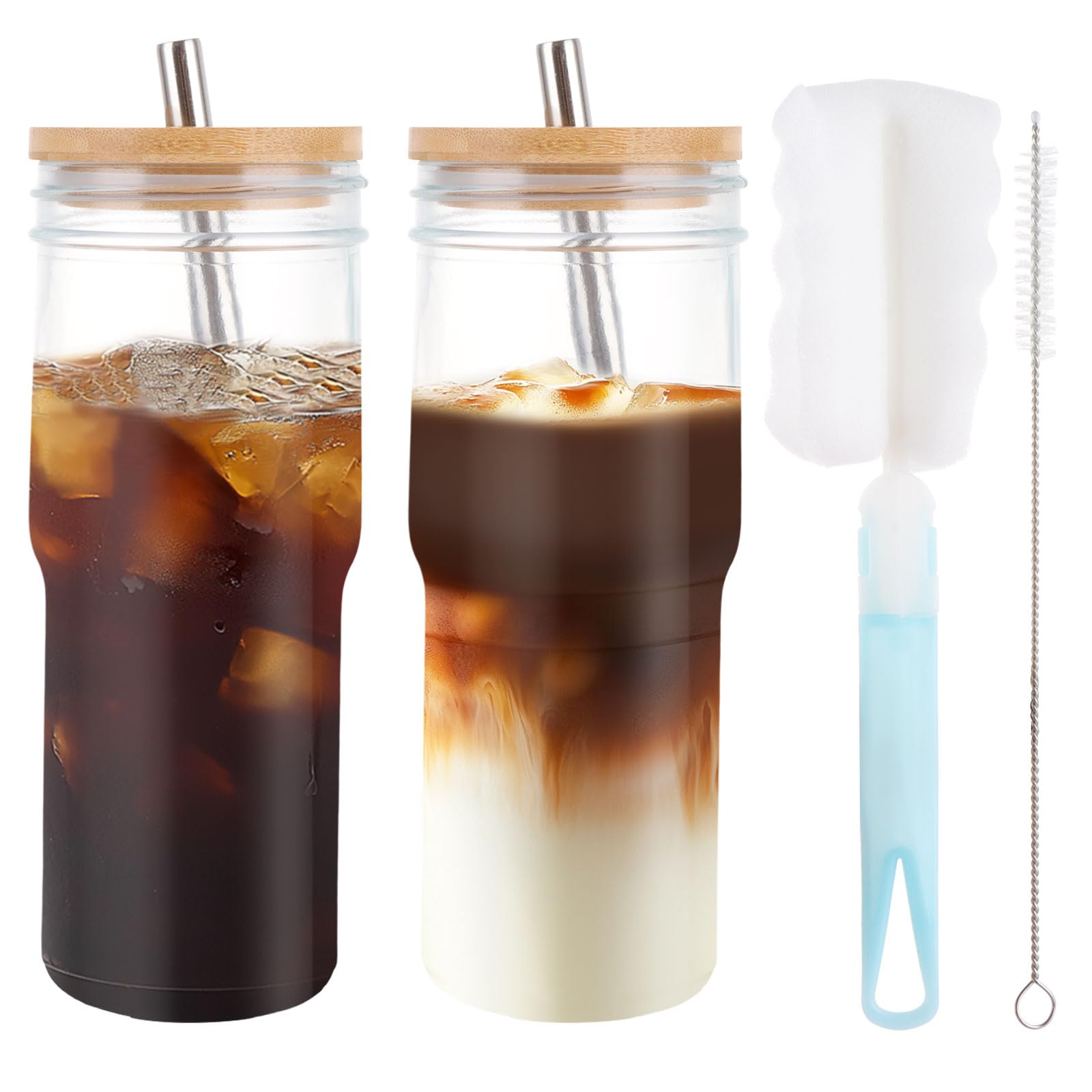 ASelected 2 Pcs Glass Tumbler, 24 Oz, Glass Cups with Lids and Straws, Reusable, 700ml, Ideal for Home, Travel, Gift