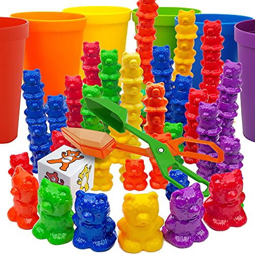 Skoolzy Rainbow Stacking Bears With Matching Sorting Cups 69 Piece Toys_And_Games Set For Baby, Kid, 60 Bear Counters, Scissor Tongs, Rainbow Cups, Storage Bag, Dice #TOP13