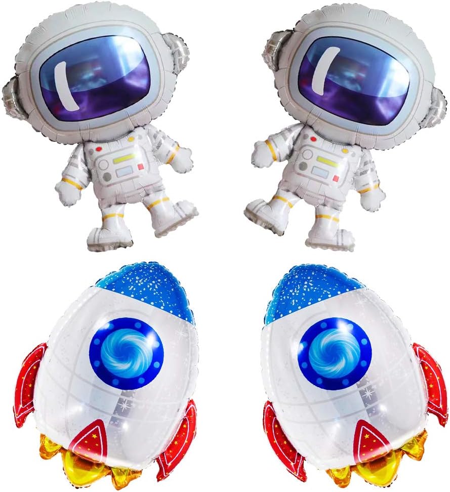 4Pcs Cute Large Size Outer Space Cartoon Balloons - Astronaut & Rocket Balloons for Kids Planet Themed Party Supplies - Baby Shower & Birthday Party (Colorful)