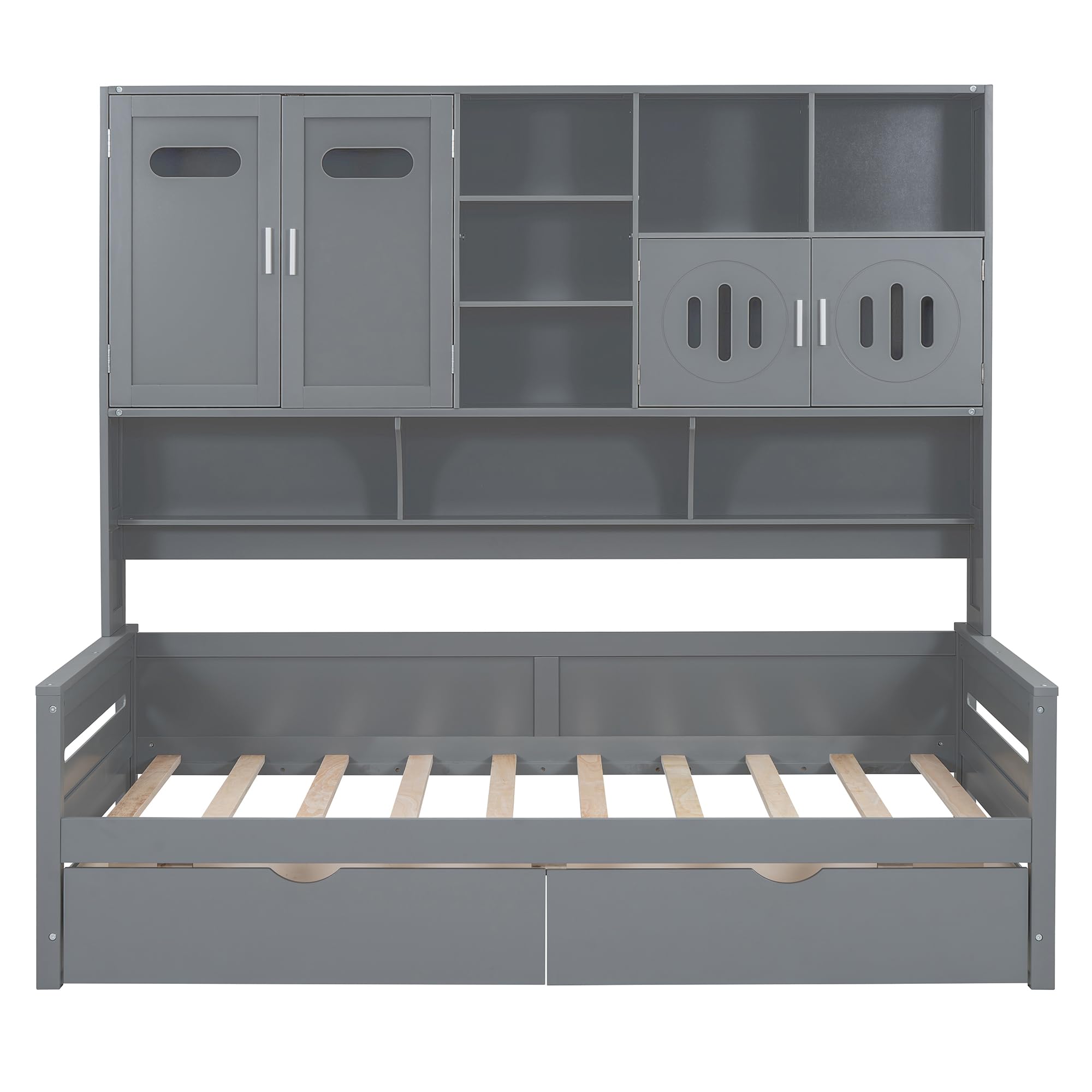 SOFTSEA Twin Size Daybed with Storage Drawers and Bookcase, Twin Wooden Storage Daybed with Bookcase Headboard, Wood Platform Bed with Storage for