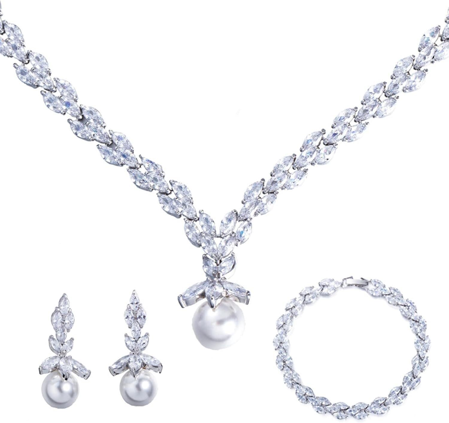 YNIYUJKL Wedding Rhinestone Pearl Necklace Earrings Bracelets Ring Bridal Crystal Choker Dangle Earrings